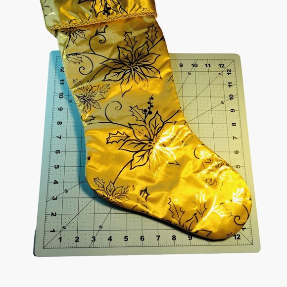Gold Metallic Christmas Stocking Satin Poinsettia Floral Elegant Holiday Decor - Picture 4 of 4